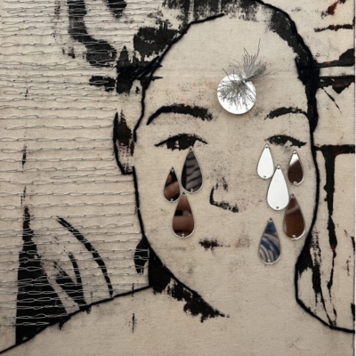 Bright tears, silk-screen printing embroidery mirror, 40x 30 cm, 2023