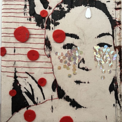 Bright tears, silk-screen printing embroidery on fabric, 40x 30 cm, 2023