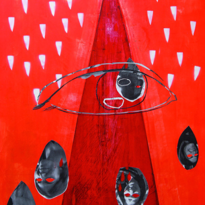 Fifty, oil spray collage doll eye on canvas, 150x 100 cm, 2013