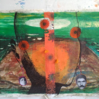 Identity question, oil collage embroidery on canvas, 90x 130 cm, 2022