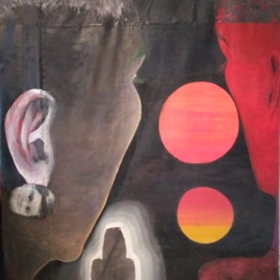 The path, oil collage embroidery on canvas, 150x 100 cm, 2022