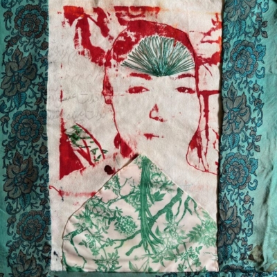 self-portraite, silk-screen printing embroidery on fabric, 50x 40 cm, 2023